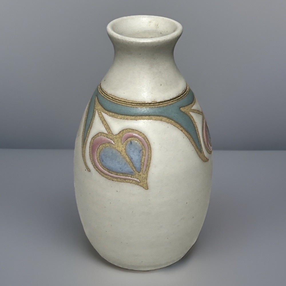 Hand Crafted Ceramic Vase Blue Pink Heart Design Matte Glaze Unique Art Pottery - Picture 6 of 8